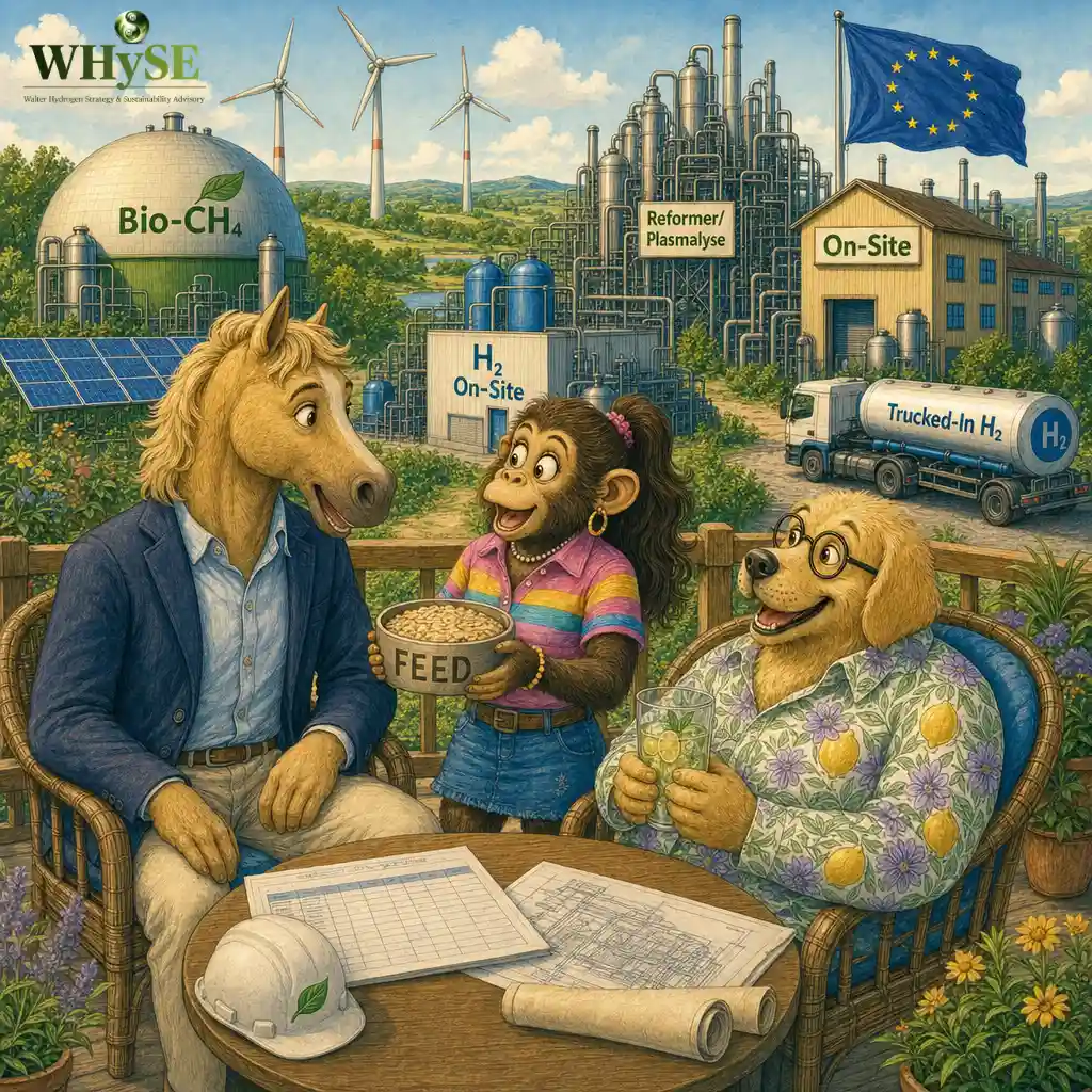 Episode 29: FEED before FID Monkey brings Horse a bowl of oats marked FEED while Horse and Dog review technical drawings for a hydrogen project on the veranda.