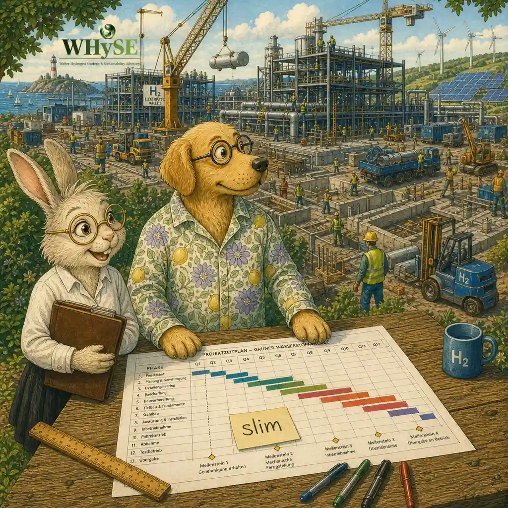 Folge 34: Hund erzählt: Wie ein kleines Wort Verwirrung stiftet Hase und Hund vor Baustelle eines Wasserstoffprojekts, Projektzeitplan mit Notizzettel ‚slim' auf dem Tisch