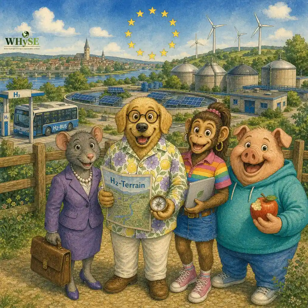 Folge 35: Klärwerk und Wasserstoff: Seit wann ist ein Klärwerk ein Energieort? Hund, Ratte, Affe und Schwein blicken auf ein Klärwerk mit Faultürmen und schwimmender Photovoltaik im H₂-Terrain.