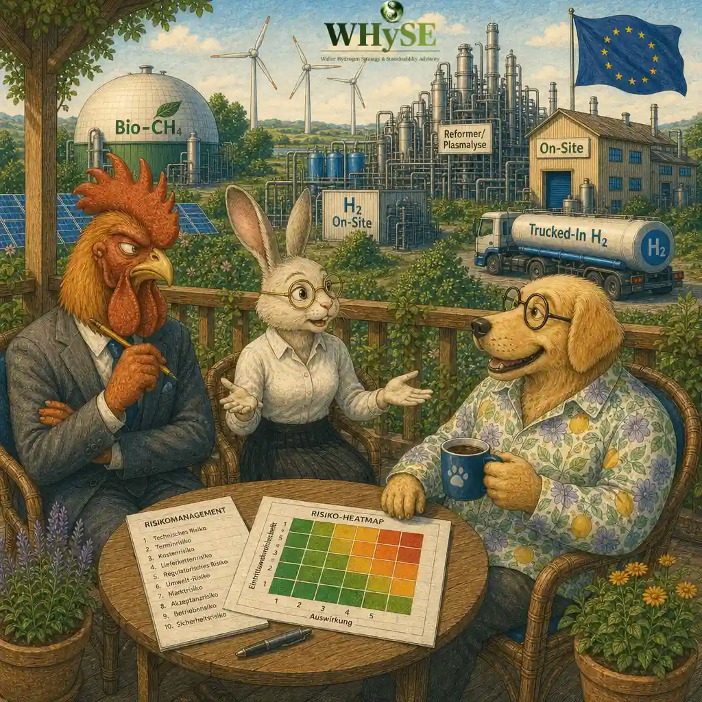 Dog, Rabbit and Rooster looking at a risk list and risk heatmap on the veranda, with the H₂ terrain in the background.