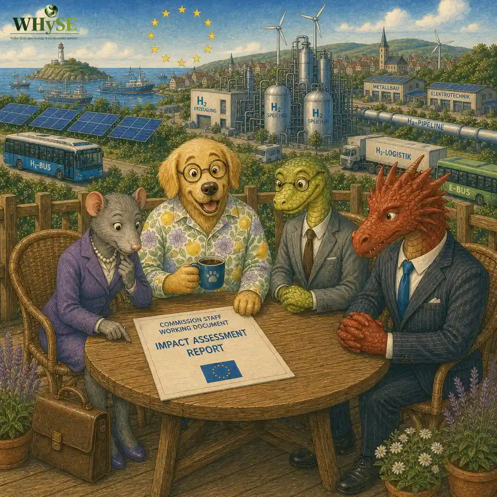 Folge 37: Ein Arbeitsblatt sorgt für Unruhe Hund, Ratte, Schlange und Drache sitzen auf der Veranda an einem Tisch; vor ihnen liegt ein Papier der EU-Kommission mit der Aufschrift „Commission Staff Working Document – Impact Assessment Report"; im Hintergrund das H₂-Terrain mit Erzeugung, Speicher, Pipeline und Logistik unter EU-Sternen.