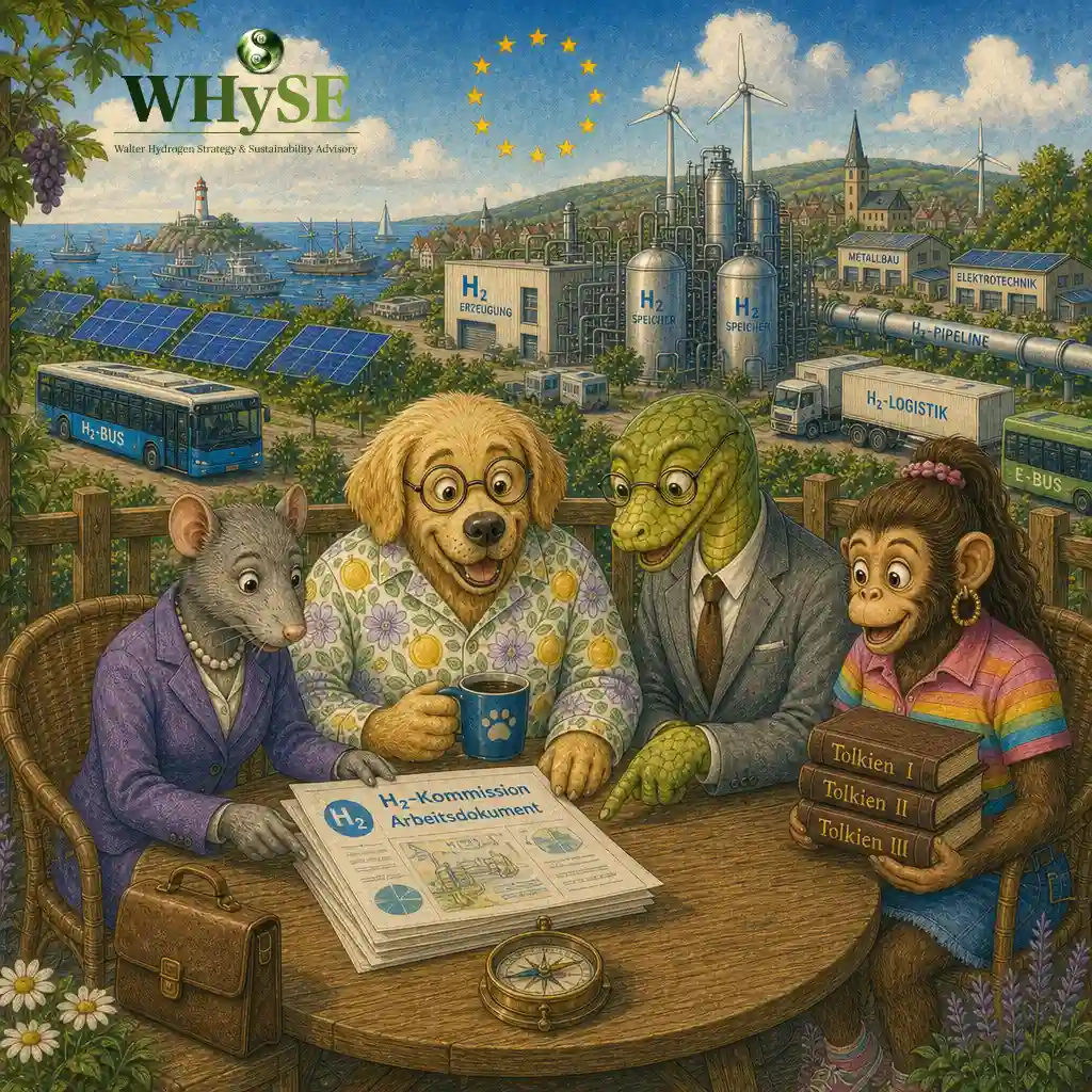Compass Monkey, Rat, Snake and Dog at the veranda table; Monkey holds three books with spine titles "Tolkien I", "Tolkien II", "Tolkien III"; a compass and a document "H₂ Commission working paper" on the table; the H₂ terrain with generation, storage, pipeline and logistics under a circle of EU stars.