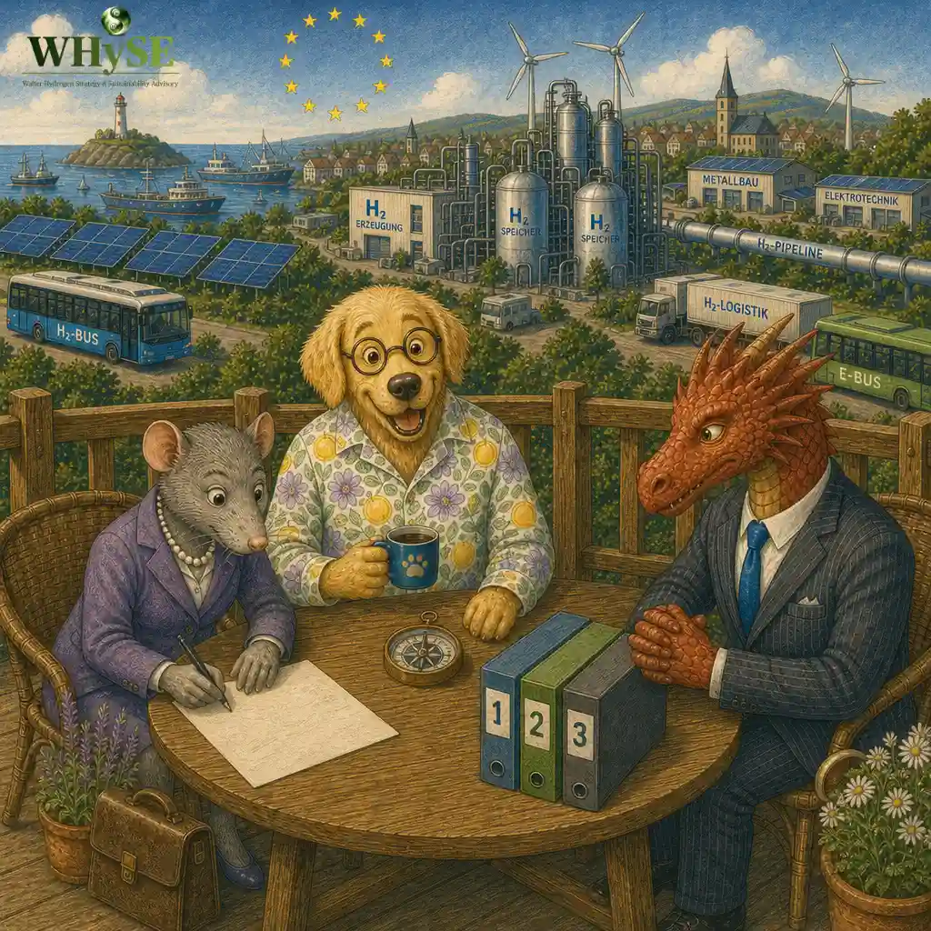Folge 39: Ratte hat drei Wasserstoffangebote. Welches ist das Richtige? Ratte, Drache und Hund sitzen auf der Veranda an einem Holztisch mit drei grünen Mappen (‚1', ‚2', ‚3'); Ratte in violettem Anzug schreibt auf ein Blatt, daneben ein Kompass; im Hintergrund das H₂-Terrain mit Labels zu Erzeugung, Speicher, Pipeline, Metallbau und Elektrotechnik, Windrädern, Schiffen, H₂-Bus und E-Bus; WHySE-Schriftzug.