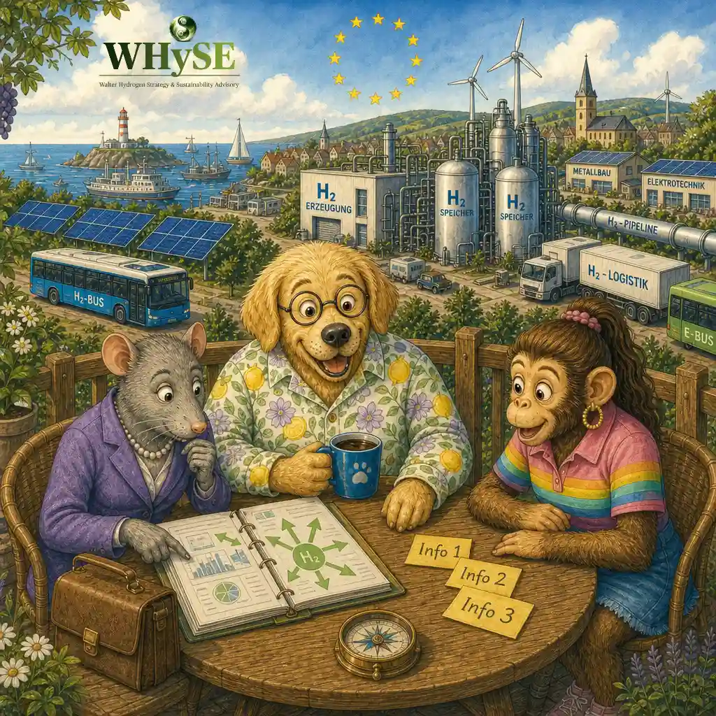 Dog, Rat and Monkey sit on the veranda at a wooden table; on the table lies an open folder with pages full of green arrows pointing in different directions, next to a compass and three small notes reading 'Info 1', 'Info 2' and 'Info 3'; in the background the H₂ terrain with generation, storage, metal engineering and electrical engineering, a harbour with an H₂ bus and an battery e-bus.